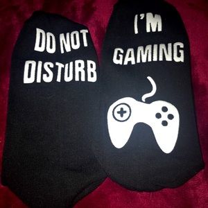 Ankle sock the day Do Not Disturb and I Am Gaming on the bottom